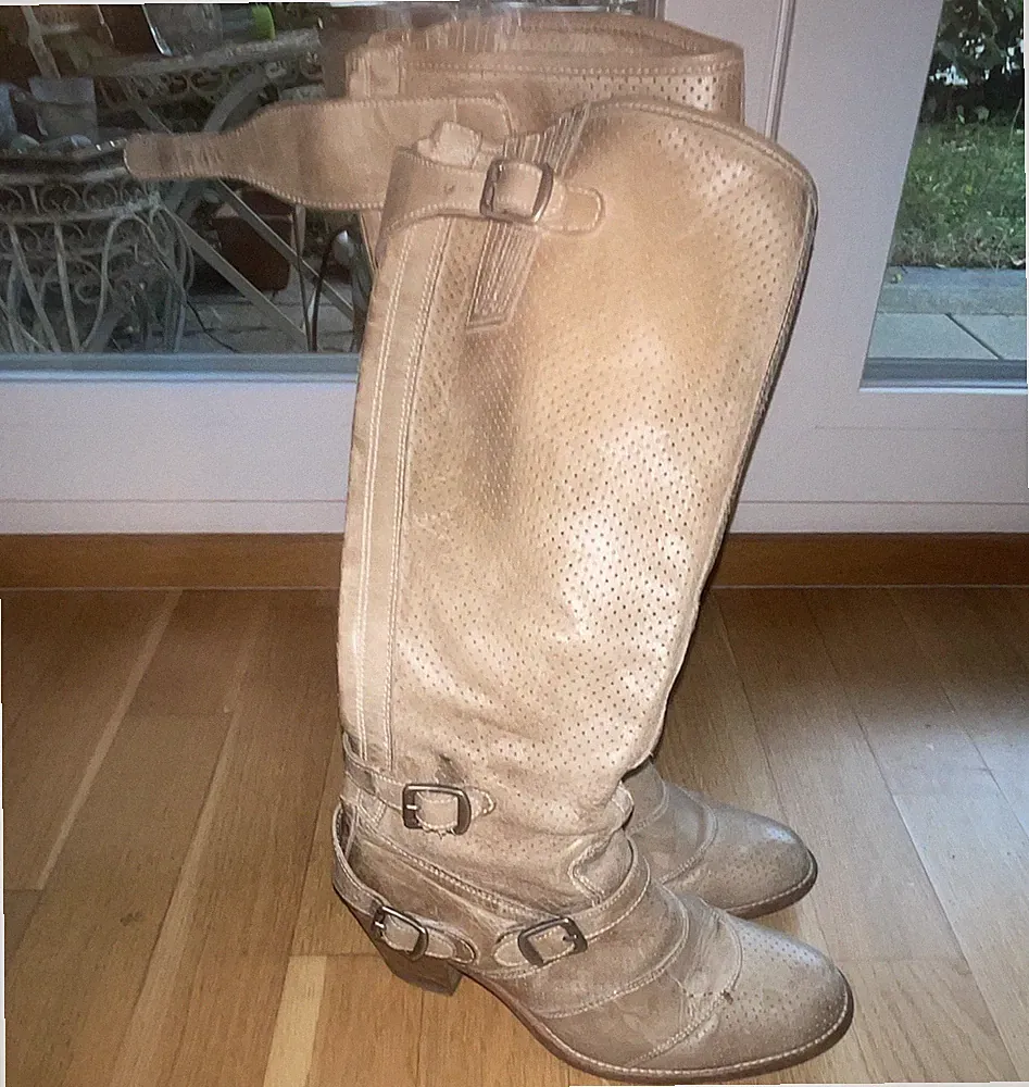 Belstaff Trialmaster Stiefel kniehoch Biker Echtleder beige Schnallen Gr. 36