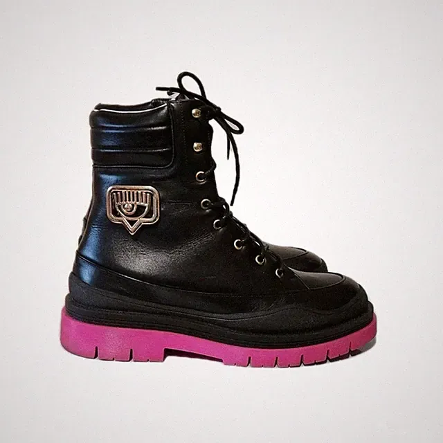 Biker Stiefel Amphibien Chiara Ferragni Leder schwarz und fuchsia Sohle Gr.41