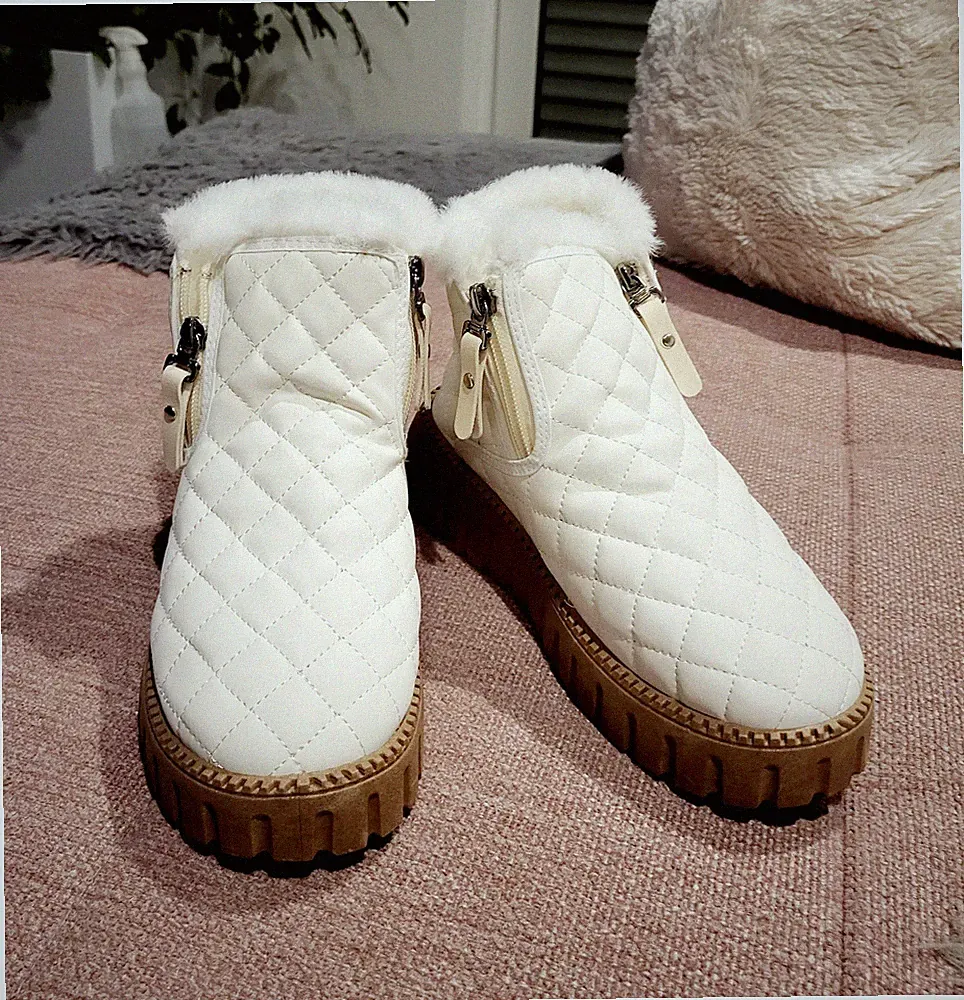 Boots Damen Winter Plateau Schneestiefeln Schuhe Cremeweiß Gesteppt Gr. 36