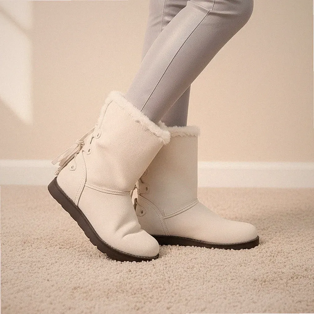 Boots Flach Winterstiefel Stiefel Slip in Slipper gefüttert Creme Off-White 40