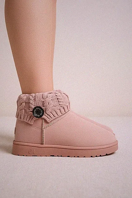 Boots Flach Winterstiefel Stiefel Slip in Slipper gefüttert neu Rosa Knopf 38.5