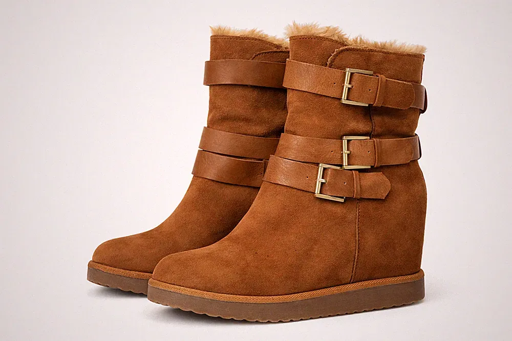 Braune Textil Wedge Stiefeletten 39 Winter Gefüttert 10 cm