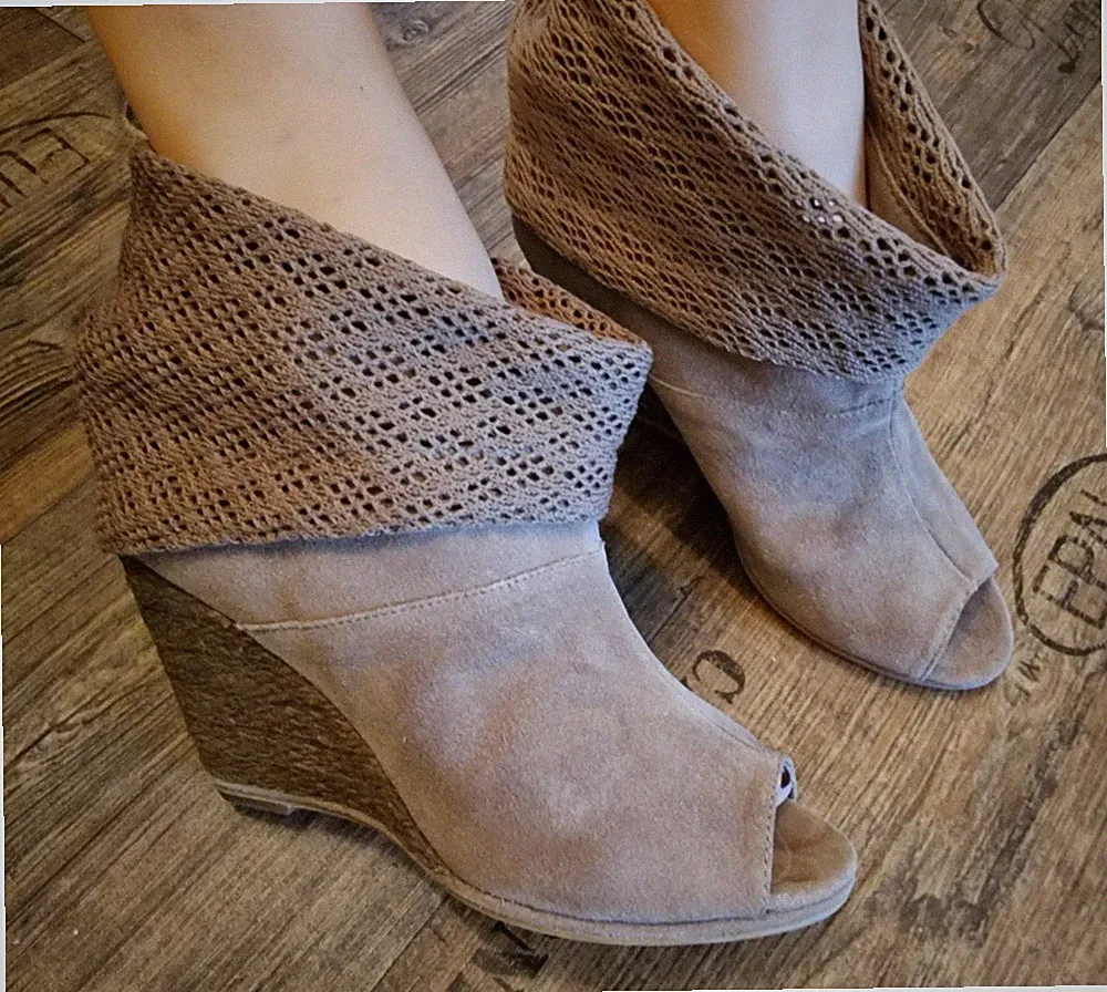 Bronx Peeptoe Stiefeletten Gr. 37 Echtes Leder mit Stoff Beige TOP