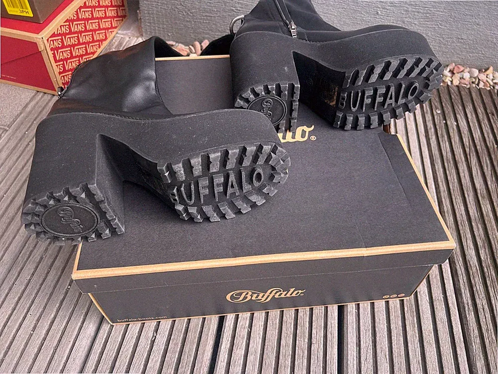 Buffalo Killah Zip Boot Mid Black Chunky Platform Block Heel Ankle Boots Size 37