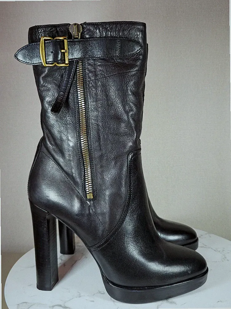 Burberry Schwarz Leder Lammfell Stiefeletten High Heel Plateau EU 40 Italien