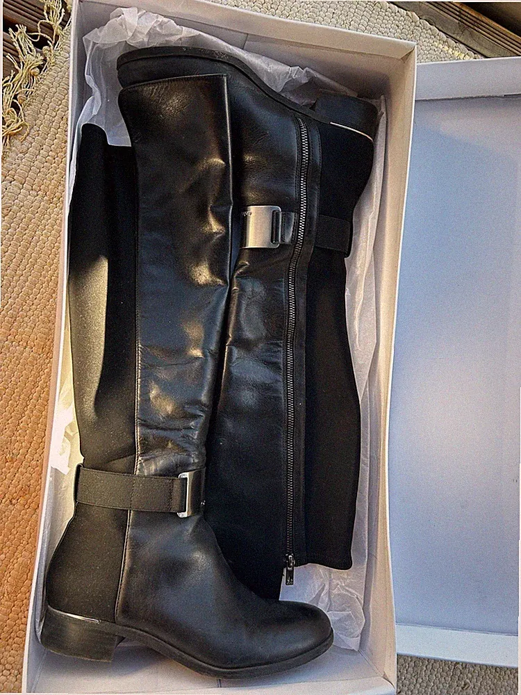 Calvin Klein Damen Kniehohe Lederstiefel Schwarz Reitstiefel RV Schnalle EU 38