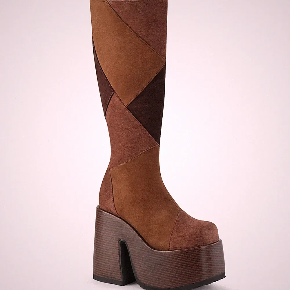 CAMEL-280 Damenia vegan Damen kniehohe Plateaustiefel Patchwork braun Mikrofaser