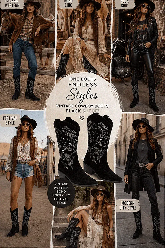 CAMI Vintage Western Boots 41 Wildleder Cowboy Stiefel Schwarz Leder Boho