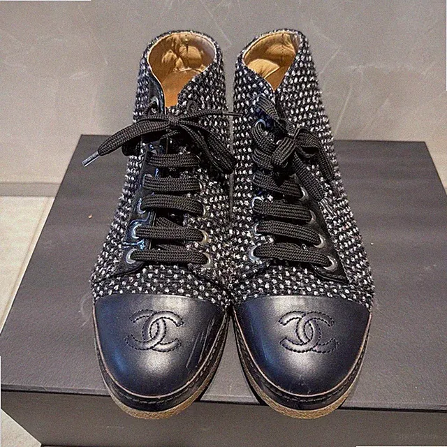 Chanel Tweed Leder Cap Toe CC Logo Schnürstiefeletten EU37 GEBRAUCHT Auth #S3543