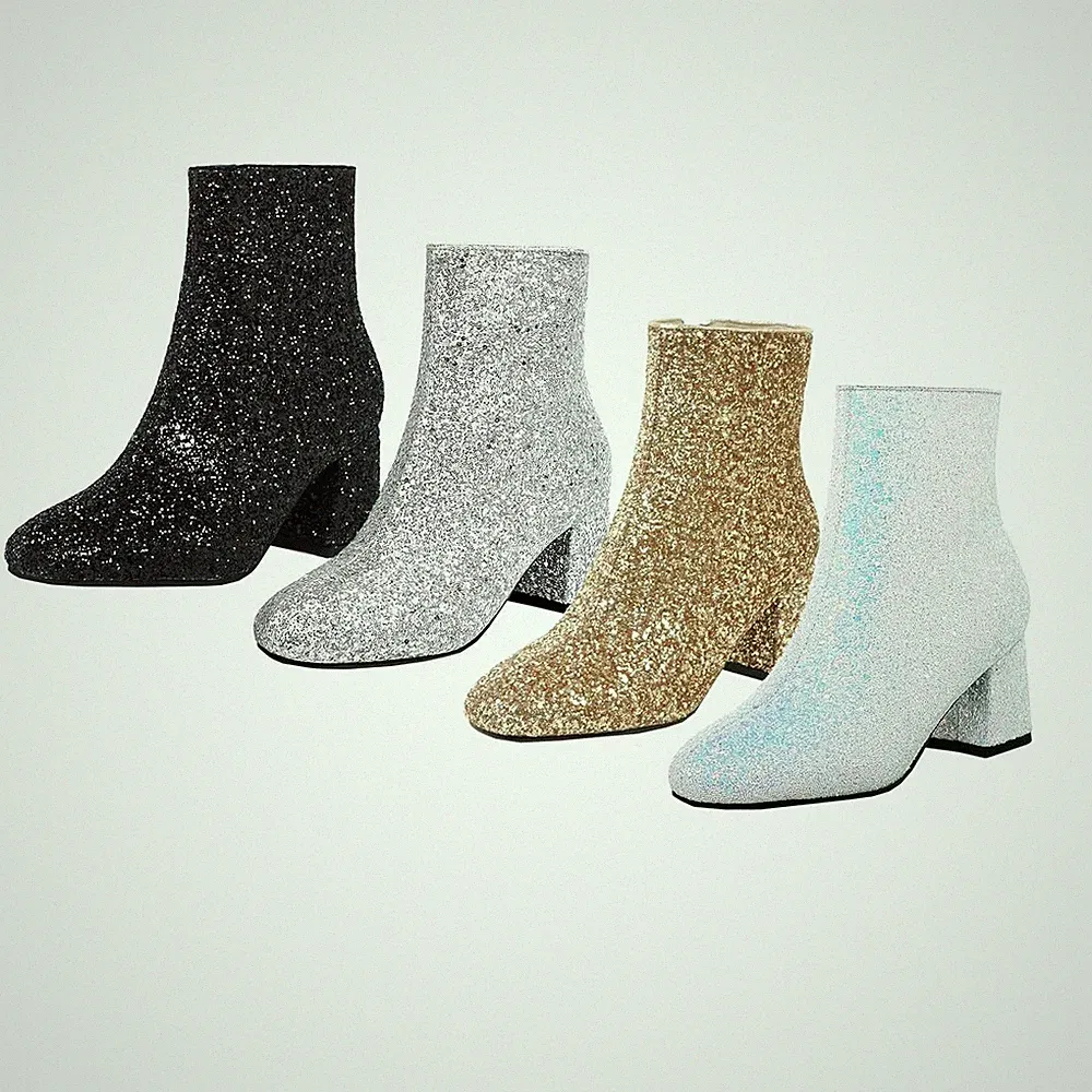 Chunky Heels Ankle Boots Glitzer Stiefeletten mit Blockabsatz Reißverschluss