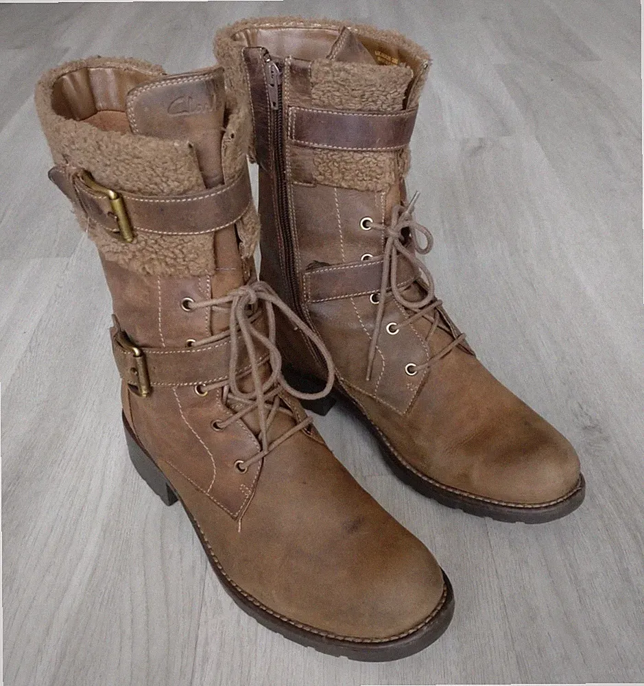 Clarks Orinoco Prize Damen Militär Stiefel braun Leder mit Fell Größe 8E Weite