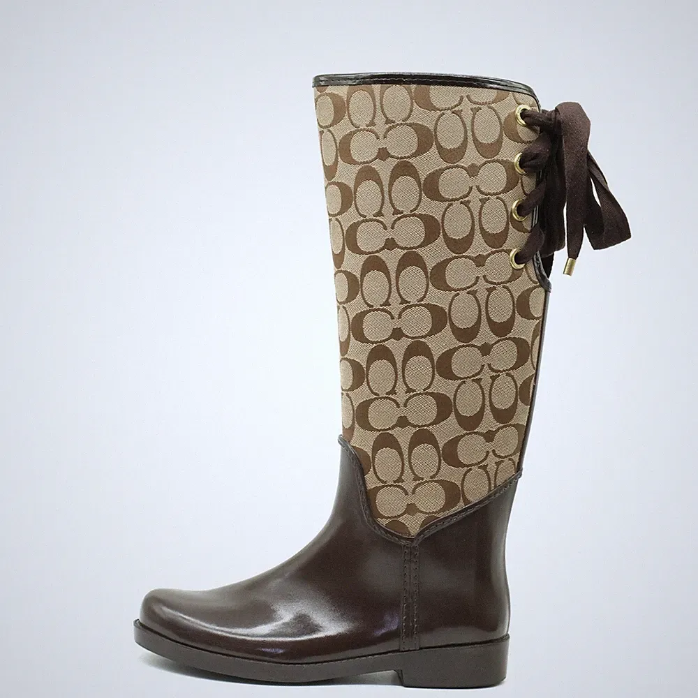 Coach Damen TEE Regenstiefel braun beige Leder Textil Signature Stiefel EU 38,5