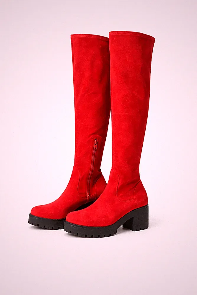 Comer Velours Stiefel Rot 37 Vintage Kniehoch Zip 5,5 cm Heel