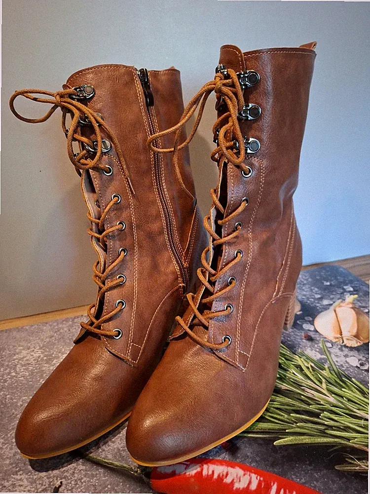 Country Stiefel Gr. 42 Kunstleder Schürstiefel Blockabsatz braun Stiefelette