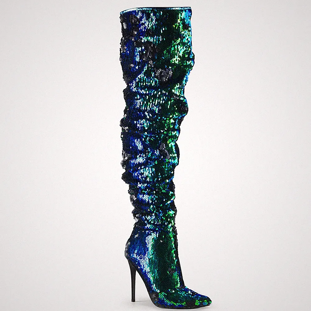 COURTLY-3011 sexy Pleaser High-Heels Overkneestiefel grün schillernde Pailletten