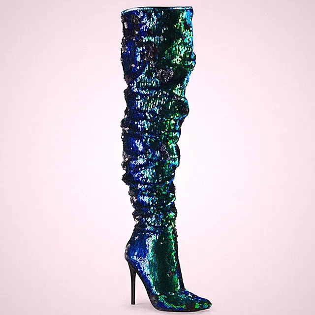 COURTLY-3011 sexy Pleaser High-Heels Overkneestiefel grün schillernde Pailletten