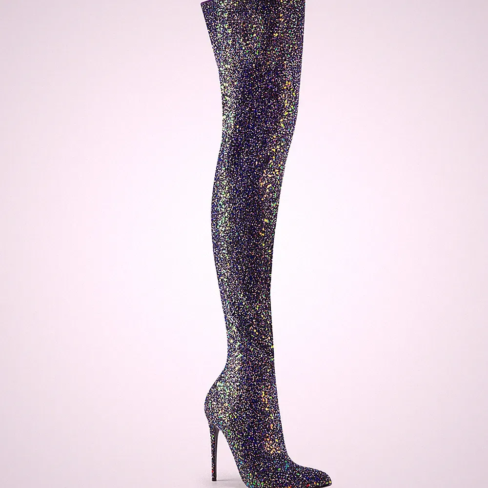 COURTLY-3015 elegante Pleaser High-Heels Overkneestiefel schwarz Multiglitter