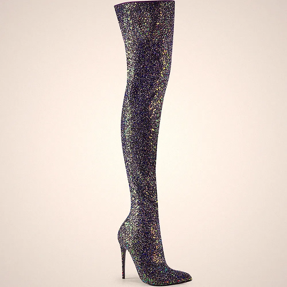 COURTLY-3015 elegante Pleaser High-Heels Overkneestiefel schwarz Multiglitter