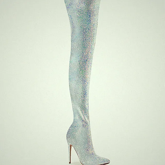 COURTLY-3015 erotische Pleaser High-Heels Overkneestiefel weiß Multiglitter