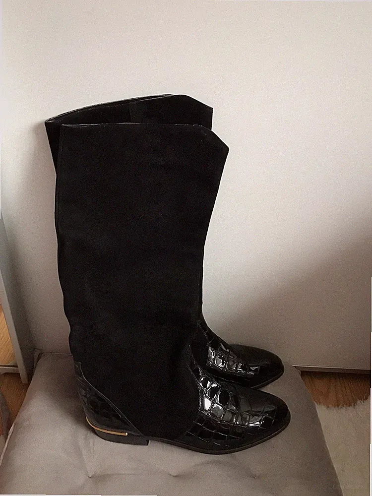 Cration K+S Studio Damen Stiefeln Neuwertig Gr 7,5 Schwarz Velours Lack Leder