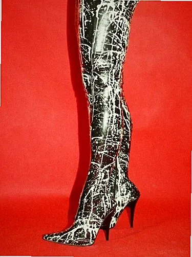 Crotch Latexstiefel schwarz - Weiß Gr 40-47 RV neu 14cm Absatz, Länge 98 cm