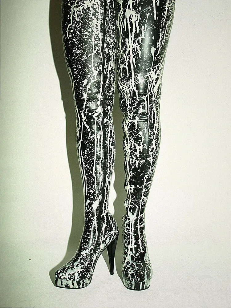 Crotch Latexstiefel schwarz - Weiß Gr. 42 43 44 45 46 47 RV, neu 13 cm Absatz