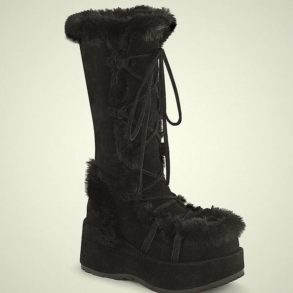 CUBBY-311 Damenia Damen Schnür Plateaustiefel Fellbesatz schwarz Mikrofaser