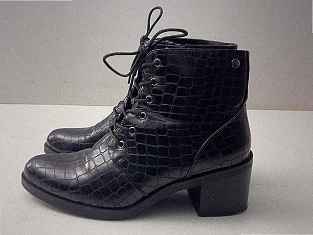 D'Angela Damen Stiefelette schwarz Kroko Kunstleder Schnür/Reißverschluss UK 7 EUR 40 -A71