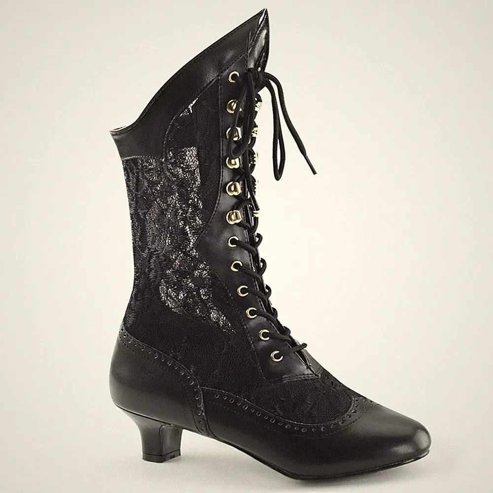 DAME-115 Funtasma viktorianische Damen Schnür Stiefel schwarz Lederoptik Spitze