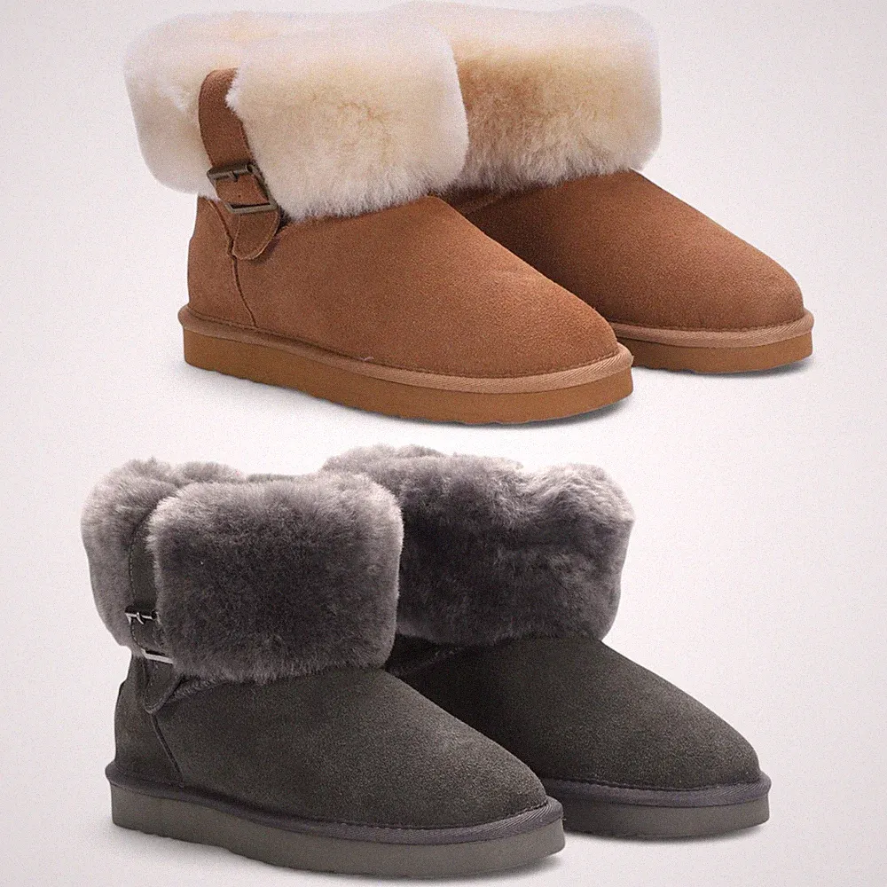 Damen Ankle Booties aus Echtem Lammfell Wildleder Grau Tan Warm Winter 3 cm