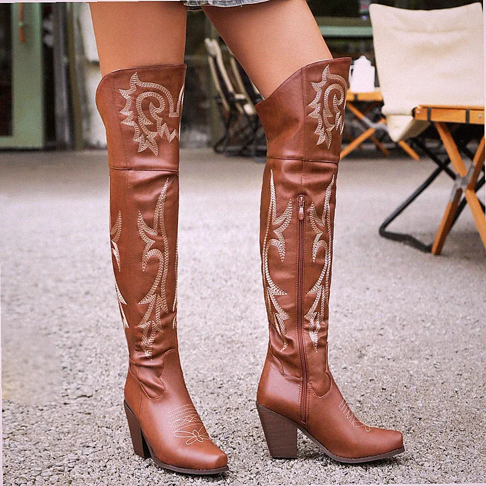 Damen Bestickt Over Knee Stiefel Blockabsatz Schuhe Reißverschluss Boots H305