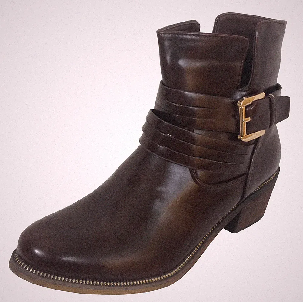 Damen Biker Boots Stiefel Stiefeletten Glattleder-Optik gefüttert Braun Gr. 38