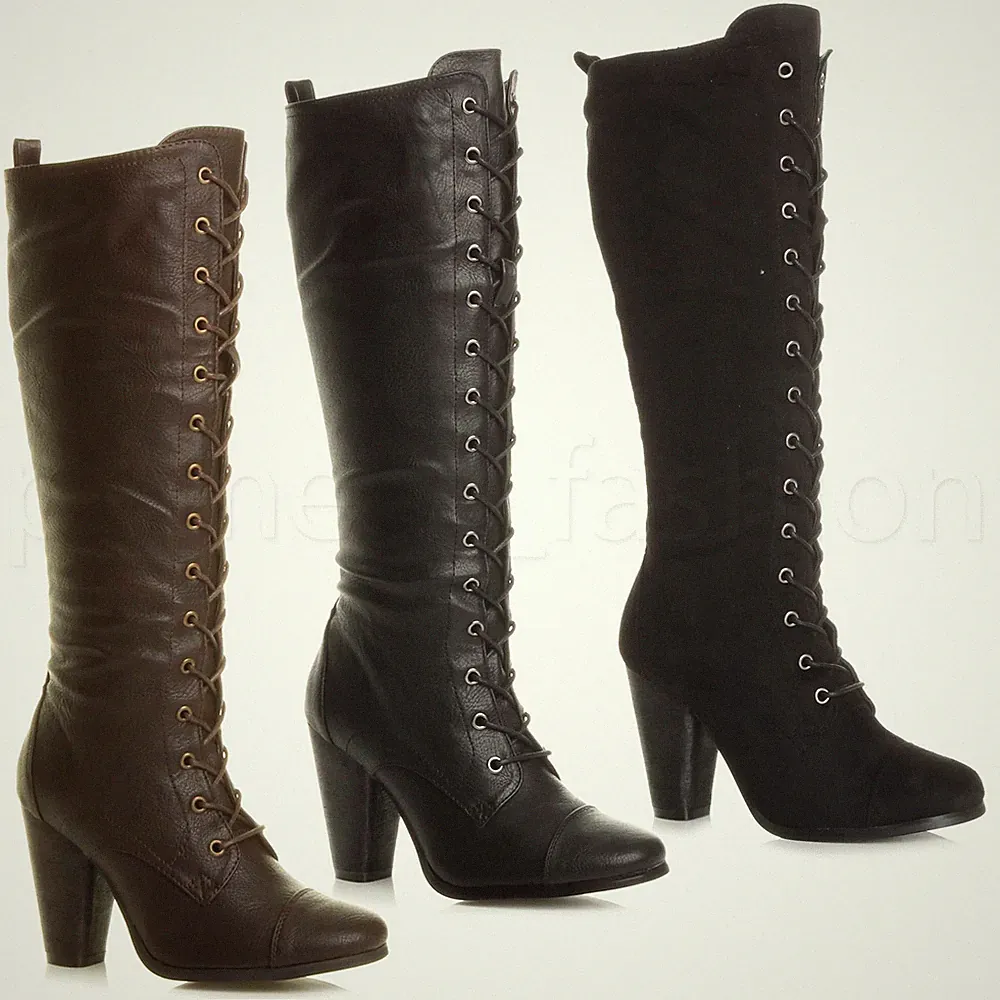 DAMEN BIKER HOHER KLOBIGER ABSATZ MILITÄR HALBHOHE SCHNÜRSTIEFEL GRÖSSE