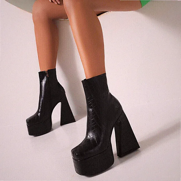 Damen Blockabsatz Reißverschluss Sexy Heels Pumps Plateau Schuhe Stiefeletten