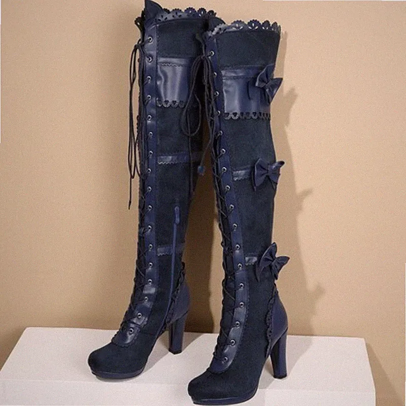 Damen Bogen Over Knee Stiefel Blockabsatz Heels Schuhe Boots Abschlussball Party