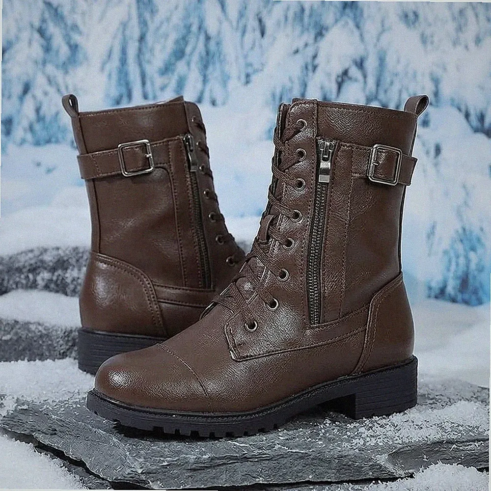 Damen Boots mit Reißverschluss Plateau Rund Zehen Warm Gefüttert