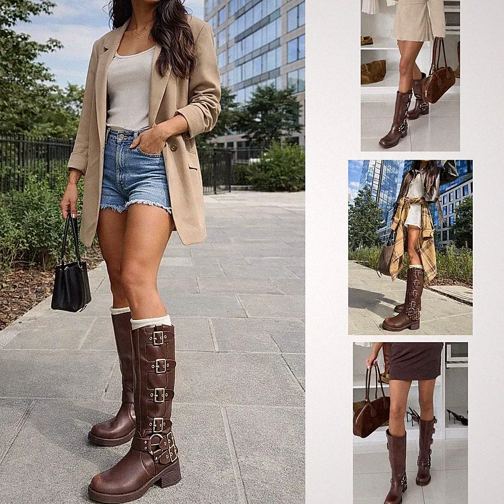 Damen Braun Kniehohe Stiefel mit seitlichen Schnallen aus Kunstleder Blockabsatz
