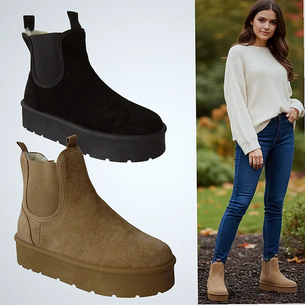 DAMEN CHELSEA BOOTS KUNSTVELOURSLEDER KLOBIGE PLATEAUSCHUHE GRÖSSE