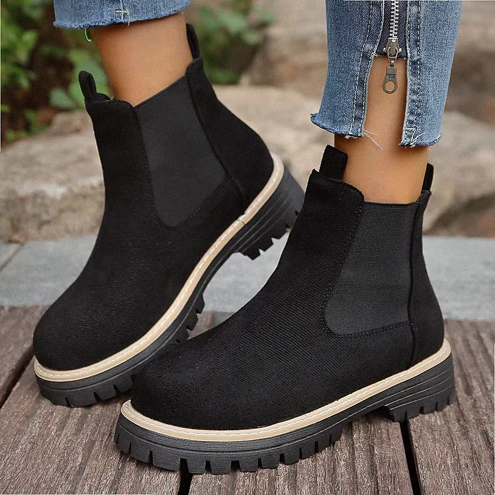 Damen Chelsea Stiefeletten Slip On Wildlederoptik Rutschfest Mode Boots Schuhe