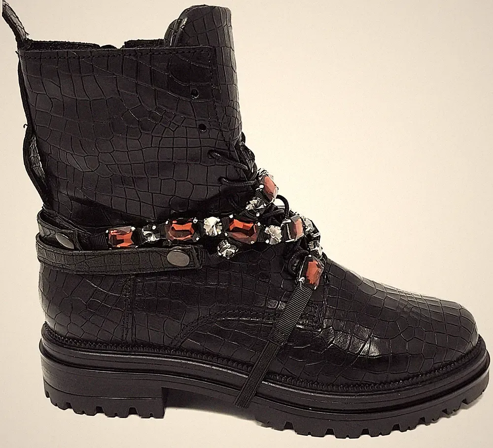 Damen Combat Boot aus Leder von MJUS mit abnehmbarem Strass-Band