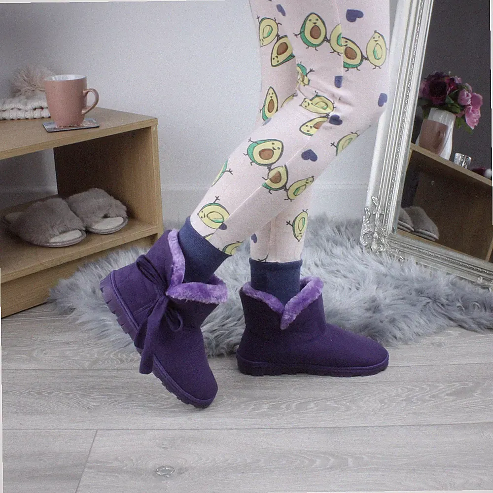 DAMEN DAMEN SCHLEIFE WINTER FELL GEFÜTTERT STIEFELETTEN HAUSSCHUHE BOOTIES GRÖSSE