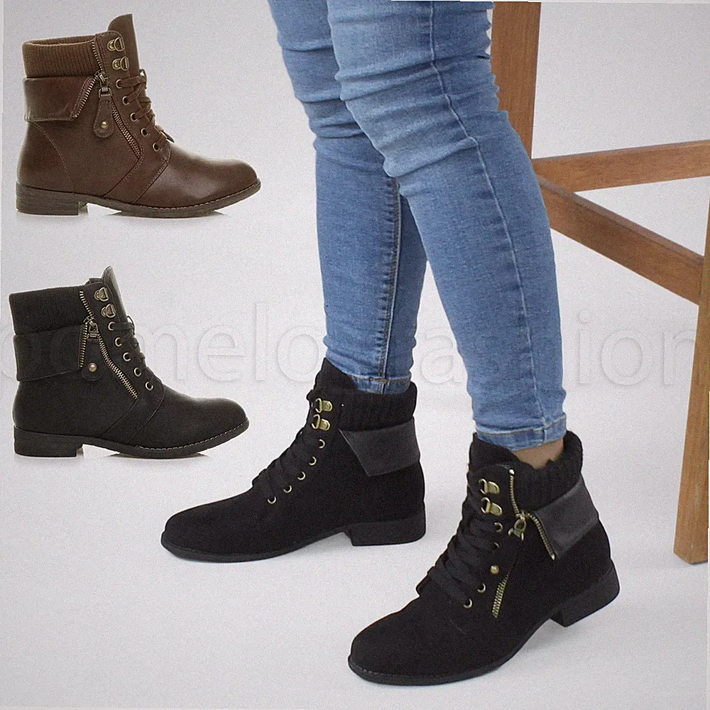 DAMEN DAMEN ZUM SCHNÜREN STRICKBÜNDCHEN KRAGEN FELL GEFÜTTERT MILITARY BIKER STIEFELETTEN