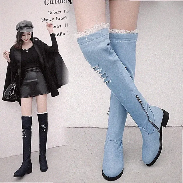Damen Denim Blockabsatz Overknee Stiefel Damenschuhe Reißverschluss Boots Z490