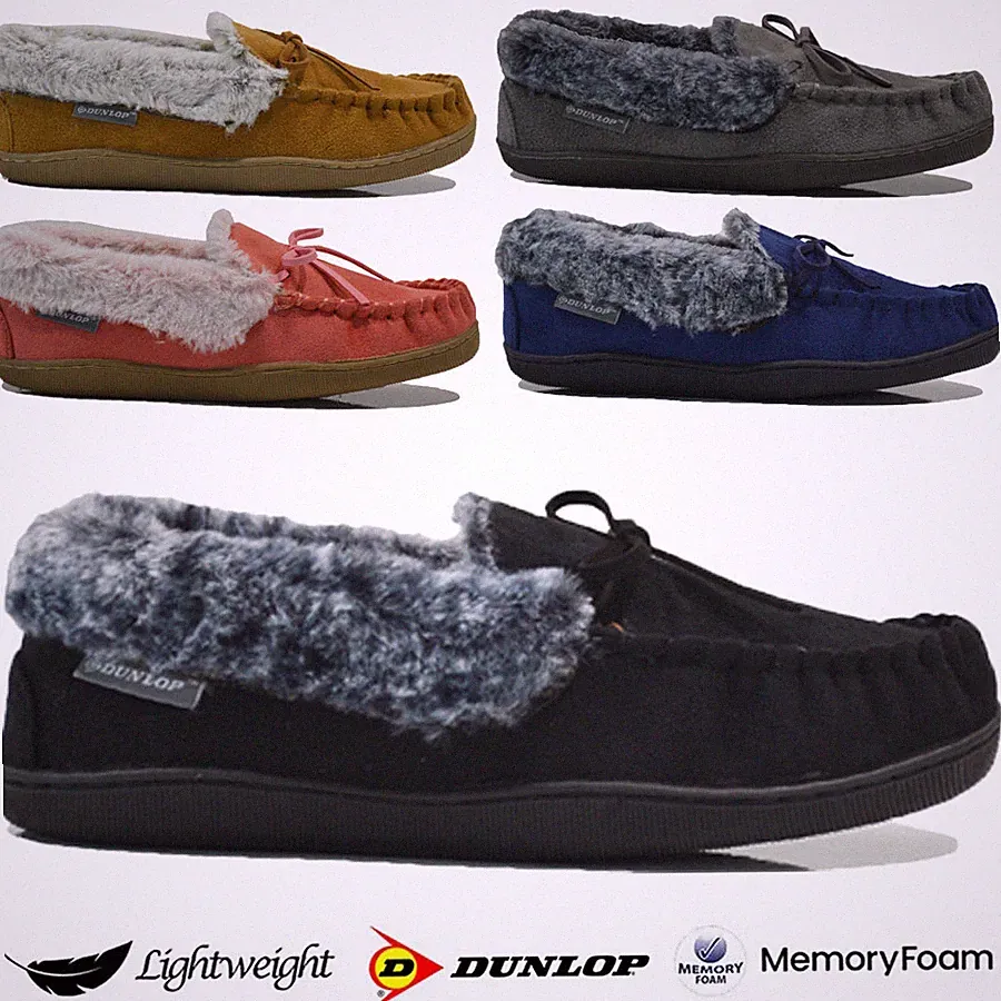 DAMEN DUNLOP MEMORY FOAM LAMMFELL HAUSSCHUHE WINTER WARM KOMFORT MOKASSIN SCHUHE