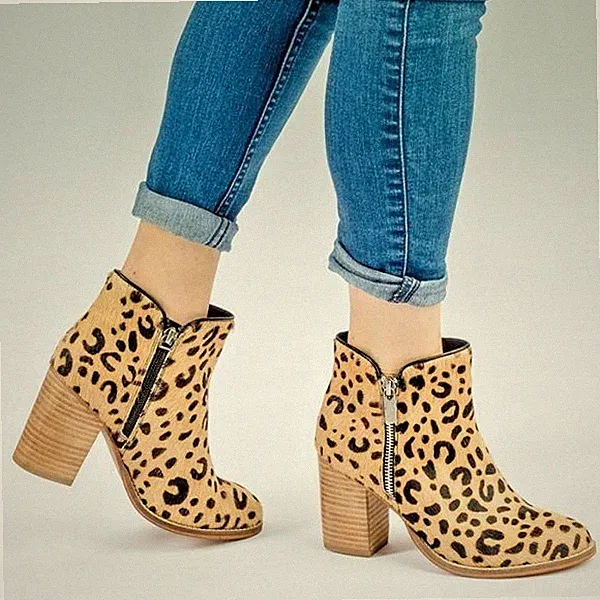 Damen Echt Leder Knöchel Stiefel Blockabsatz Chelsea Tiermuster Reißverschluss