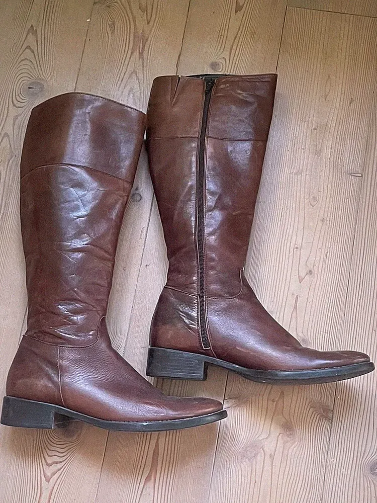 👢Damen Echt Lederstiefel 38 Braun Reitstiefel Leder kniehoch schlicht 🍂