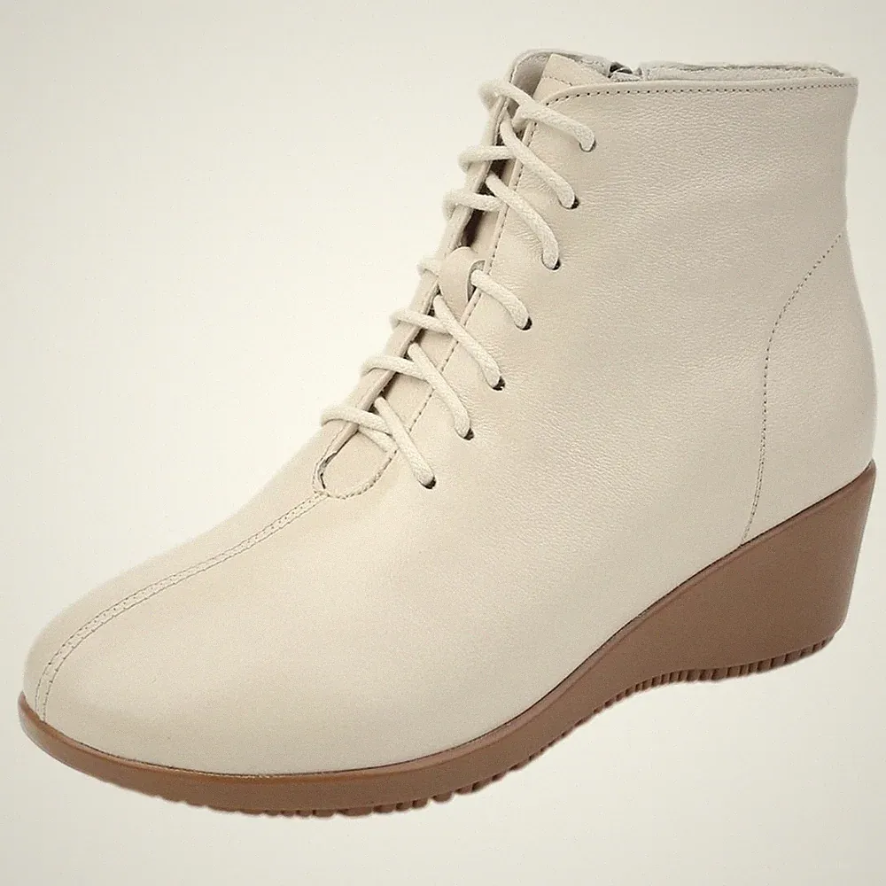 Damen Echtleder Keilabsatz Stiefeletten mit Schnürung Winterstiefel mit Leder...