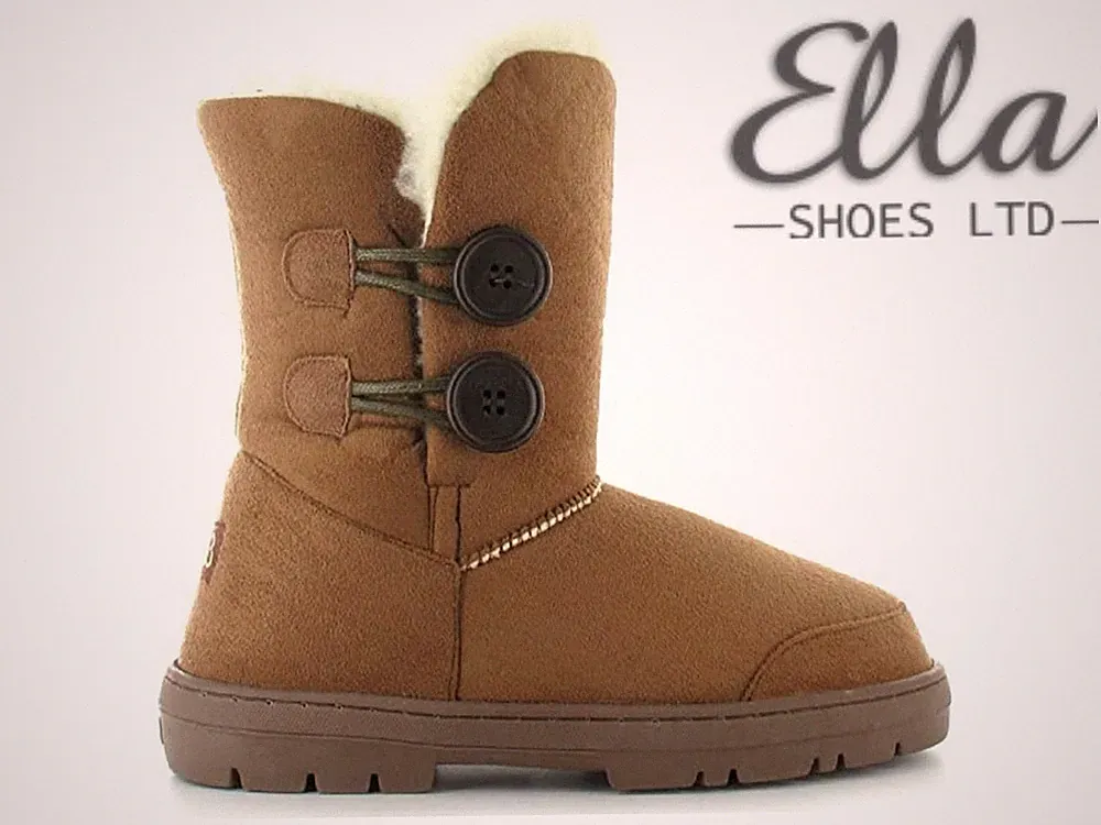 Damen Ella Winterstiefel Kastanie Kunstfell Lammfell halbhoch Knopf warm Bootie
