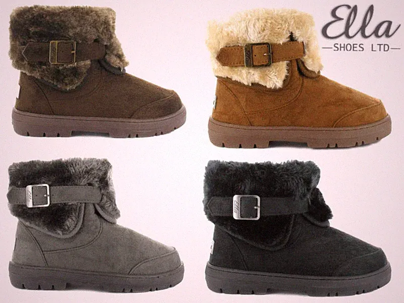 Damen Ella Winterstiefel Kunstfell Knöchel warm Schnalle kuschelig Lammfell Komfort Schuhe