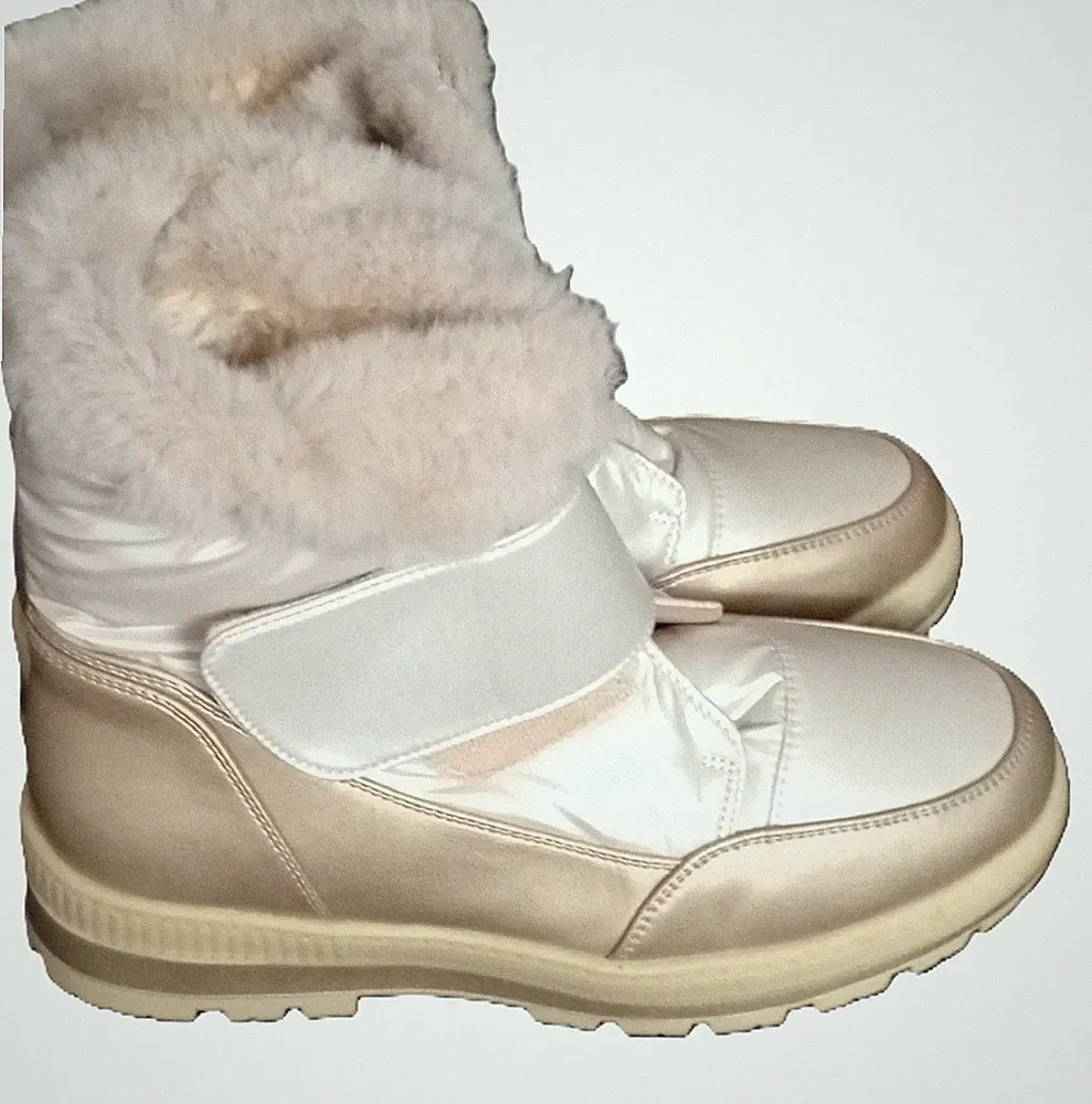 Damen EU 38 Schneestiefel Stiefeletten Gold/Beige gefüttert Klett Kunstfell
